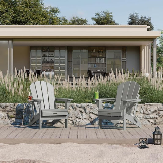 Ciokea Folding Adirondack Chair Wood Texture, Patio Chair Weather Resistant, Plastic Fire Pit Chair with Cup Holder, for Lawn Outdoor Porch Garden Backyard Deck (Grey)