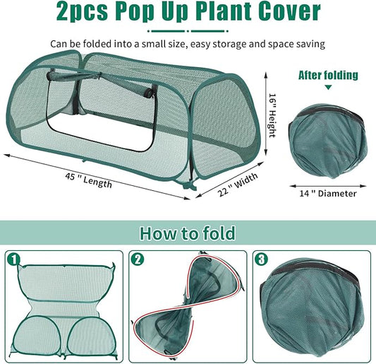 2Pack Garden Covers for Raised Beds, Pop Up Mesh Plant Covers for Outdoors, 30% Sunblock Plant Shade Tent, Crop Cage for Seedlings Vegetable Against Birds, Animals, with 8 Stakes (45"X22"X16")