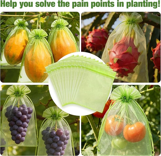 50 Pcs Drawstring Fruit Protection Bags, 8×12 Inch Green Mesh Fruit Net Covers, Anti-Bird Anti-Insect Garden Protective Bags for Fruit Tree, Tomato, Strawberry, Apple, Cherry, Grapes and Vegetables