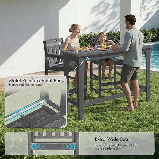 Ciokea Heavy-Duty Outdoor Bar Set, Rectangle High Top Table and 2 Oversized Adirondack Chairs Set, HDPE Modern Patio Bar Set for Outside Bistro Backyard Balcony Deck Outside, Grey