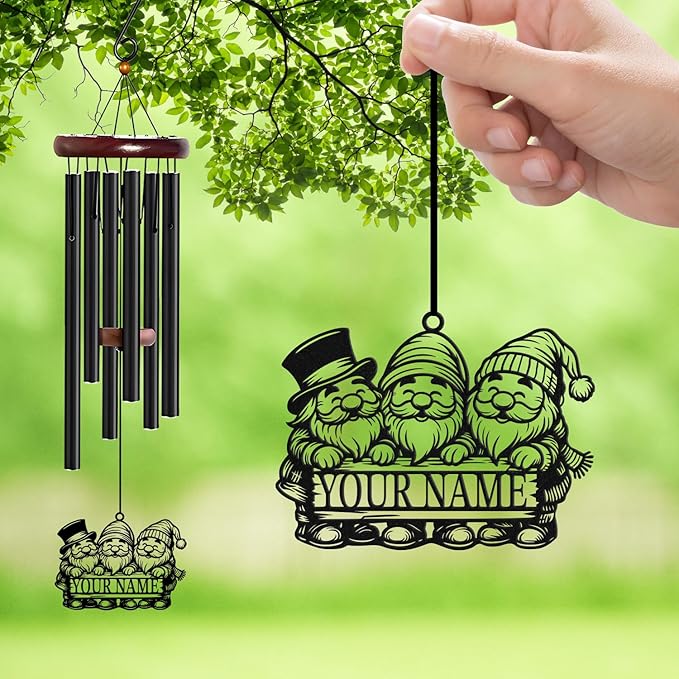 Personalized Customize Name Gnome Wind Chime, Metal Iron 37 Inch Outdoor Memorial Gift for Garden Yard Patio Home Decor, Black,Christmas (Style J)