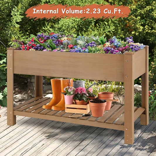 PetsCosset Raised Garden Bed Wooden Elevated Planter Box with Legs, Protective Liner Reinforced for Vegetables Herbs Flowers for Outdoor Patio Backyard Balcony Gardening (46.65“ L with Shelf)