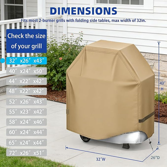 BBQ Gas Grill Cover for Outdoor, Anti-UV, Rip-Proof, 600D Oxford Fade Resistant Material, Barbecue Cover with Hook and Loop Straps & Adjustable Hem Drawstring (Beige, 32”x26”x43”)