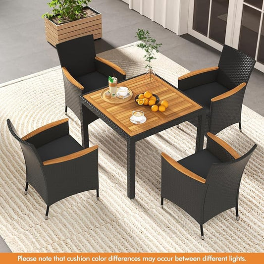 Tangkula 5 Pieces Patio Dining Table Set for 4, Rattan Conversation Set with Umbrella Hole, Seat Cushions & Acacia Wood Tabletop, Outdoor Dining Table with 8 Chairs for Backyard (Black)