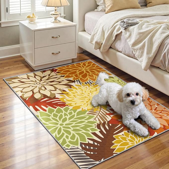 Arenarug 2x3 Colorful Washable Small Rug Tropical Botanical Modern Floral Indoor Chenille Door Mat Carpet Non Slip for Patio, Entry Way, Entrance, Porch, Orange