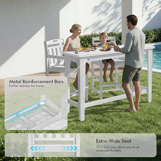 Ciokea Heavy-Duty Outdoor Bar Set, Rectangle High Top Table and 2 Oversized Adirondack Chairs Set, HDPE Modern Patio Bar Set for Outside Bistro Backyard Balcony Deck Outside, White