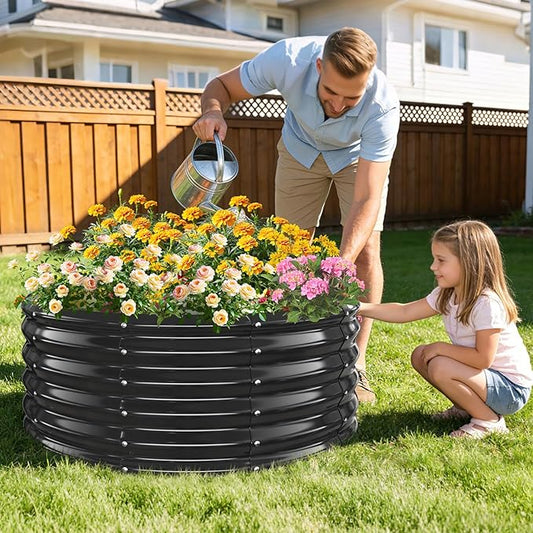 16 Inch Tall Heavy-Duty Round Steel Rised Garden Bed – Wave-Shaped Design Galvanized Metal Planter Box for Vegetables Flowers Succulent at Patio/Garden Outdoor (Black, 40" Diameter X 16" Tall)