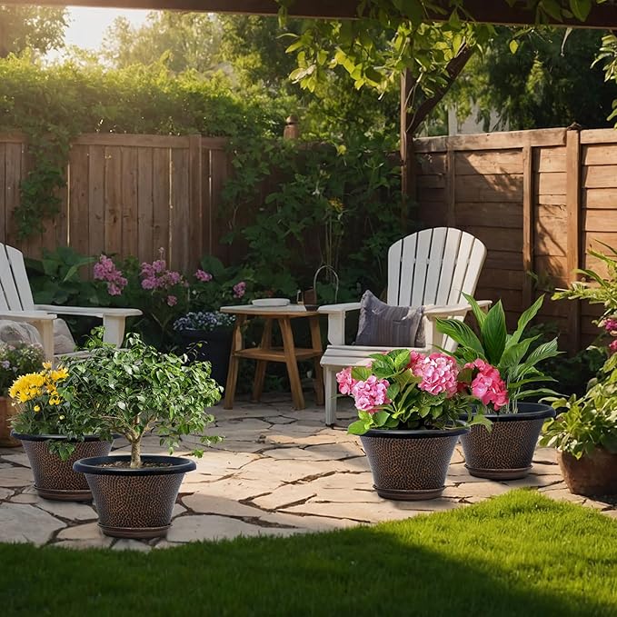 Quarut 12 Inch Pots for Plants,4 Pack Large Flower Pots with Drainage Hole & Saucer,Modern Planters for Indoor Outdoor Plants,Decorative Resin Garden Pots Brown