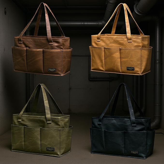 Tool Pouch, Heavy Duty 16oz Waxed Canvas Tool Bag, Rectangle Foldable Open Top Tool Bags with Handles, 10 Pockets | 15.5 x 7.5 x 10.5 Inches