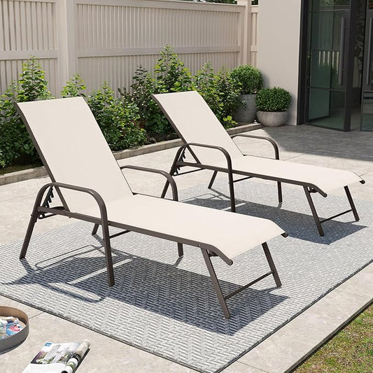 Crestlive Products Chaise Lounge Chair Outdoor with Armrests, Pool Lounge Chairs Set of 2, Aluminum Adjustable 5 Positions Sun Tanning Lounger for Patio, Poolside, Yard, Deck, Backyard (Champagne)
