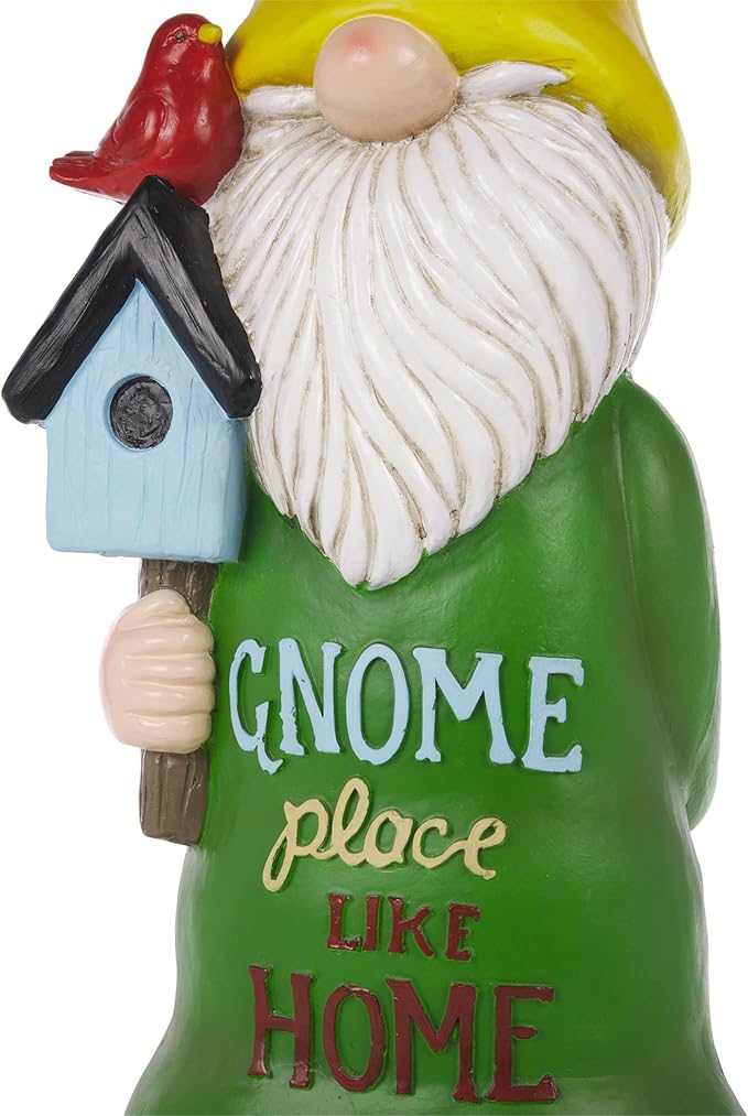 Alpine Corporation 24" Tall Outdoor Yellow Hat Place Like Home Gnome Statue Holding Bird House, Weatherproof Garden Decor