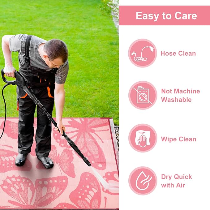 Anidaroel Pink Butterfly Outdoor Rug 6'X9' for Patios Waterproof Clearance, Reversible Plastic Straw Outside Rug, Outdoor RV Camping Rugs for Backyard, Beach, Camper, Pool Deck (Pink,6‘X9')