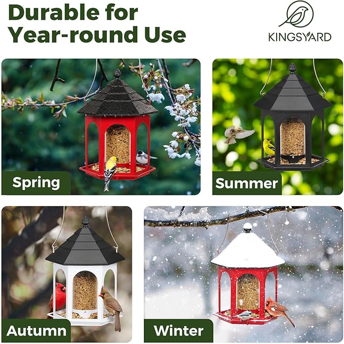 Kingsyard Metal Bird Feeder for Outdoors Hanging, 3 lbs Seed Feeder, Wild Bird Feeders for Garden Cardinal Finch Bluebird, Easy to Fill & Clean, White