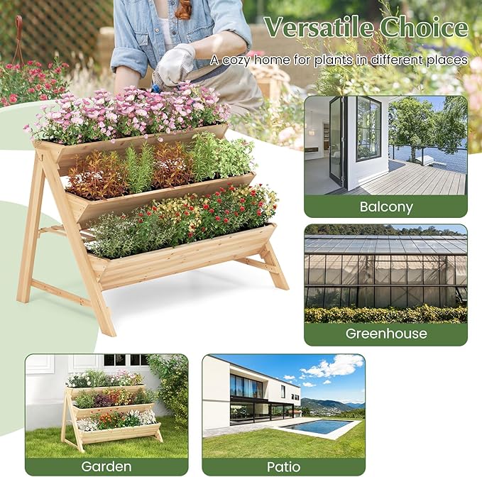 Giantex 3-Tier Raised Garden Bed, Wooden Vertical Planter Box with Storage Shelf, 2 Hanging Hooks & 3 Bed Liners, All-Weather Freestanding Planter, Elevated Raised Beds for Lawn Patio, Natural