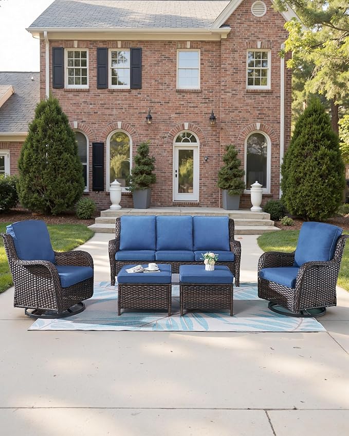 Pop 22x25/22x24 Outdoor Replacement Cushions - 1 Set High Back Deep Seat Patio Furniture Pillows for Rattan Dining Swivel Rocking Chairs Loveseat Couch Sectional Sofa - Navy Blue/Classic