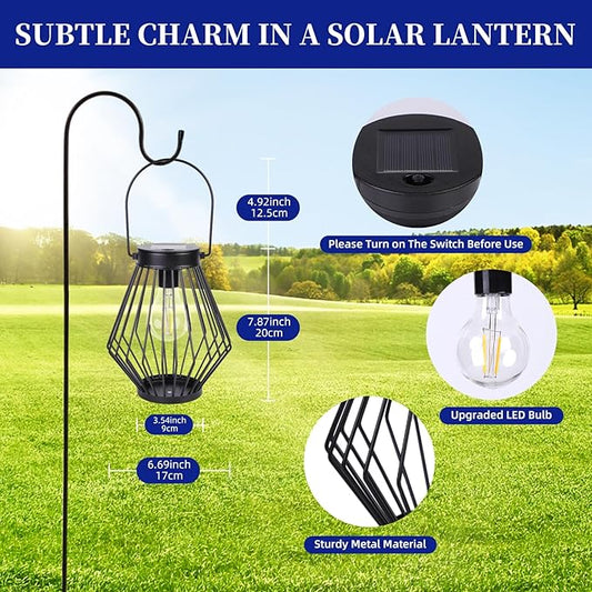 Solar Lanterns Outdoor Waterproof, 2 Pack Metal Decorative Hanging Lantern Lights with Warm White LED Bulb, Solar Powered Patio, Yard & Garden Decor, Ideal for Housewarming & Christmas Gifts