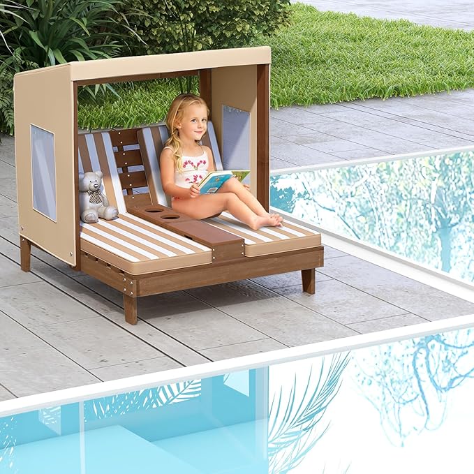 COSTWAY Kids Double Chaise Lounge Outdoor, 2-Seat Patio Lounge Chair with Cup Holders & Cushions, Kids Pool Lounger with Canopy, Wood Patio Furniture for Children Boys Girls 3 Years Old (Beige)