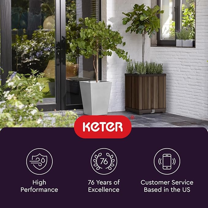 Keter Signature 21.6 Inch Tall Square Large Wood Look Planter for Indoor or Outdoor Flower Pot Ideal for Patio Deck and Front Porch Decor, Rosewood