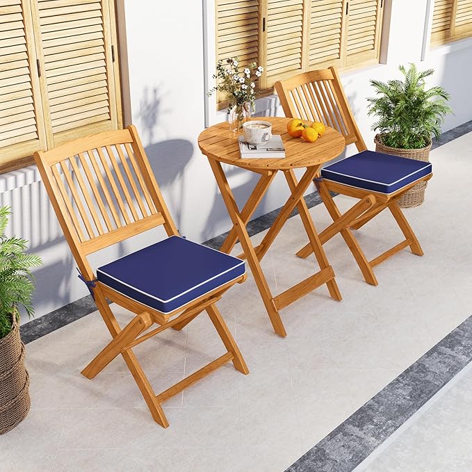 Tangkula 3 Pieces Acacia Wood Patio Folding Bistro Set, Outdoor Table and Chairs Set with Soft Cushions, Patio Furniture Set for Porch, Balcony, Garden, Deck and Backyard