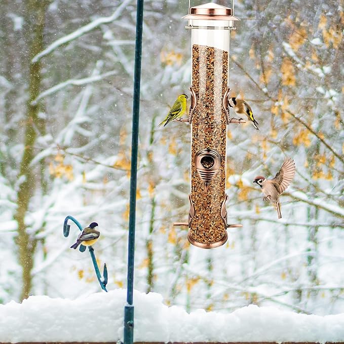 MIXXIDEA 1PK Metal Wild Bird Feeder,Squirrel Proof Bird Feeders for Outside,Hanging 6 Port Tube Bird Feeder,Finch Bird Feeder for Attracting Birds in Your Lawn, Garden, Balcony-Antique Copper