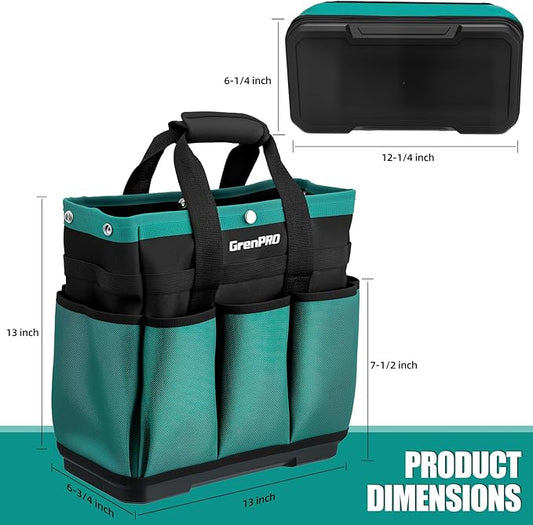 GrenPRO Garden Tool Bag Molded Bottom, Heavy Duty Tool Tote Toolbox with 10 Pockets, Reinforced & Top Snap Closure for Gardening Tools Storage, Dark Green(Tools Not Included)