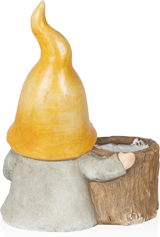 Alpine Corporation 16" Tall Outdoor Yellow Hat Gnome Statue with Drainage Hole Planter, Weatherproof Garden Decor