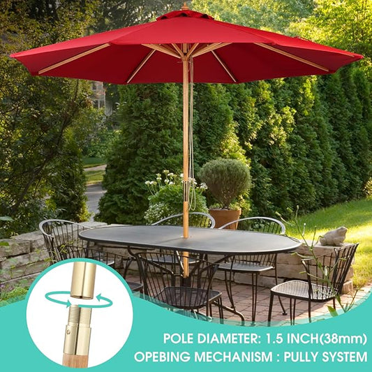 9FT Table Patio Outdoor Umbrella Market Round Umbrella with Pulley Lift Windproof & Waterproof, 8 Ribs with Polyester Cover for Garden, Deck, Pool, lawn, Backyard
