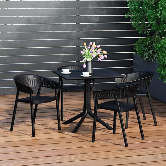 Costaelm Table Chairs Set of 4, HDPE Patio Square Dining Table and Stackable Chairs, Outdoor Small Patio Furniture Set All Weather for Backyard Porch Poolside, Black