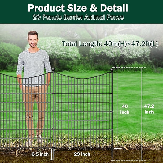 20 Panels Decorative Garden Fence with 2 Gates, 40 in(H) X 47.6 ft(L) No Dig Dog Fence Animal Barrier Outdoor for Yard, Rustproof Metal Garden Edging and Borders, Temporary Fencing Stakes
