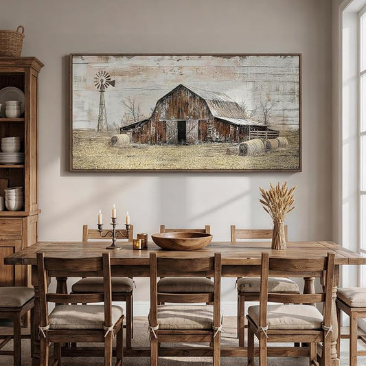 Large Framed Farmhouse Wall Art for Living Room, Vintage Rustic Barn Horizontal Canvas Prints, Rustic Country Wall Decor for Bedroom Dining Room Hallway 30x60 Inch
