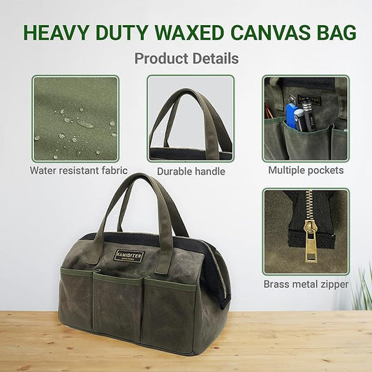 13-inch Tool Bag, Heavy Duty Wide Mouth Water-Resistant Tool Bag, Tool Tote with Handle for Tools, Wrenches, Screwdrivers (13 X 7 X 9 inch) | ArmyGreen