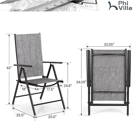 PHI VILLA Patio Folding Chairs Set of 4, Portable Outdoor Dining Chairs with Adjustable Backrest for Outside, Garden, Lawn & Yard, No Assembly, Grey