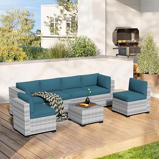 7-Piece Outdoor Sectional Patio Furniture Set, All-Weather Wicker Rattan Sofa w/Thick Washable Cushions & Tempered Glass Table, Perfect for Garden, Poolside, Backyard (7, Graywhite&Peacock Blue)