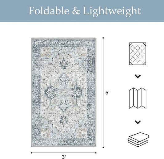GENIMO Outdoor & Indoor Area Rug 3'x 5', Waterproof, Non-Shedding, Easy Cleaning, Boho Mat for Patio, Living Room, Balcony, Dining Room, RV, Deck, Bedroom, Camping, Outside Carpet,Blue