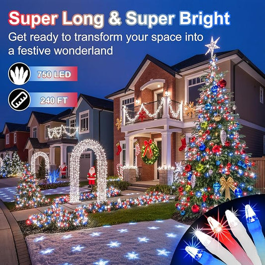 750 LED 240FT Christmas String Lights Outdoor, Christmas Light with 8 Lighting Modes& Timer & Memory, Plug in Waterproof Clear Wire Twinkle Light for for Xmas Yard Tree Party Decor Red White Blue