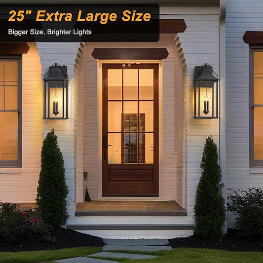 25-INCH Dusk to Dawn Outdoor Wall Light, Large Size Waterproof Patio Lanterns, 3-Light Exterior Wall Mount Lantern Sconce with Glass, Black Wall Sconces for House Garage Front Door