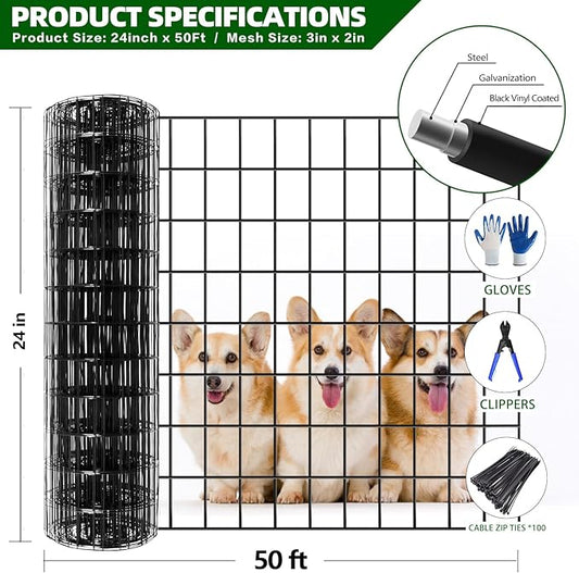 Welded Wire Fence, 50ft(L) x 24inch(H) Garden Fence for Dog, 2 Inch x 3 Inch 16GA Fencing for Chicken, PVC Coated Anti-Rust Roll Metal Wire Mesh Fence for Yard Vegetable, Black