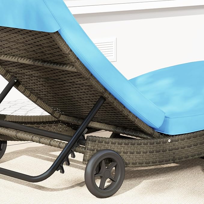 Outsunny Wicker Chaise Lounge Chair Outdoor with Wheels & Cushion, PE Rattan Patio Lounge Chair with 5-Level Adjustable Backrest for Poolside, Garden, Sky Blue