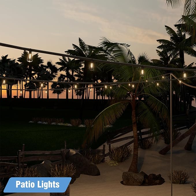 LED Outdoor String Lights 50FT, Waterproof Patio Lights with 27 (25+2 Spare ST38 Shatterproof Replaceable Bulbs), Connectable Dimmable Outside Hanging Light for Porch Garden Deck Bistro Backyard