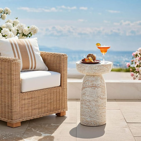 Side Table, 24''H Faux Travertine Look Accent Coffee Table, Durable Lightweight Patio Decorative Modern End Table, Weatherproof Indoor Outdoor Garden Stool for Living Room Balcony