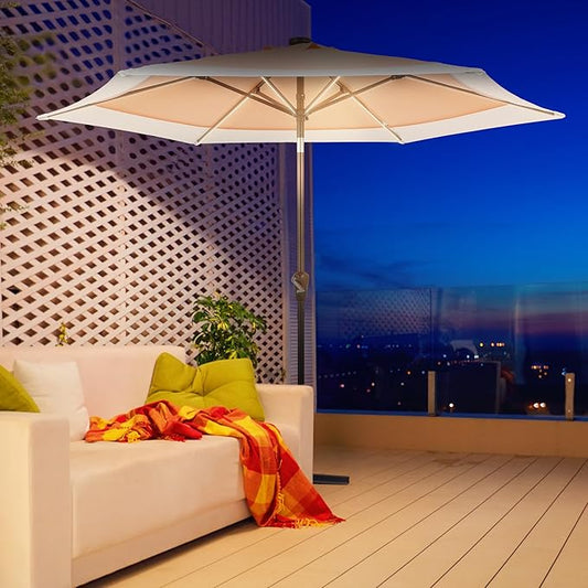 JONATHAN Y UMB1100D Spencer 9 ft. Classic Coastal 2-Tone Solar LED Market Patio Umbrella with 12 LED Strip Lights, Auto-Tilt, Crank and UV Protection in Coral Pink/White