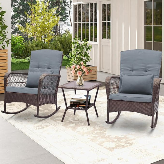 HAPPYGRILL 3 Pieces PE Rattan Rocking Bistro Set, Rocking Chairs with 2-Tier Coffee Table, Thick Pillows and Cushions, Outdoor Conversation Set for Porch, Garden and Poolside, (Gray)