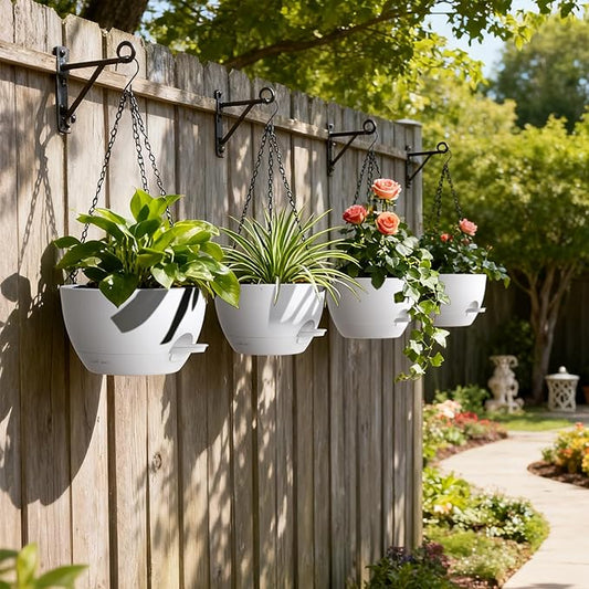 UOUZ 4 Pack 8 Inch Self Watering Hanging Planters for Indoor Outdoor Plants,Hanging Pots for Plants with Drainage Removable Tray, Hanging Baskets Flower Pots for Ivy Pothos Spider Garden Porch White