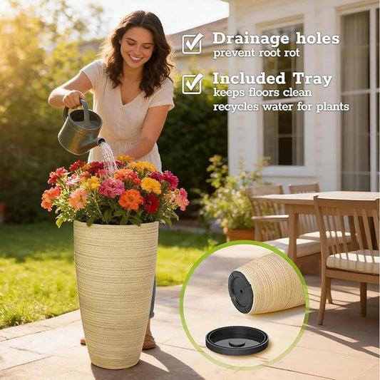 ZMTECH 2-Pack Large Tall Planters with Saucer - 6.8 Gallons /12x21 Inch Faux Stone Finish Round Flower Pots for Indoor Plants, Outdoor Patio & Porch Decor, Unbreakable Plant Containers Beige