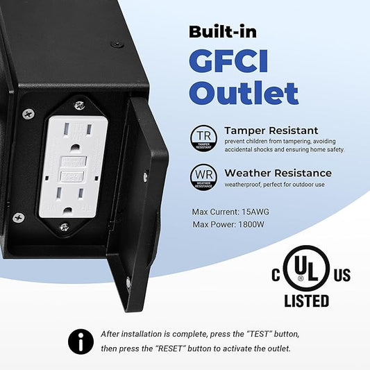 Porch Light with GFCI Outlet, Black Motion Sensor Outdoor Lights 2-Pack, Outside Wall Lights for House, Garage, Doorway, Garden, Aluminum Waterproof and Anti-Rust, Distance and Time Adjustable