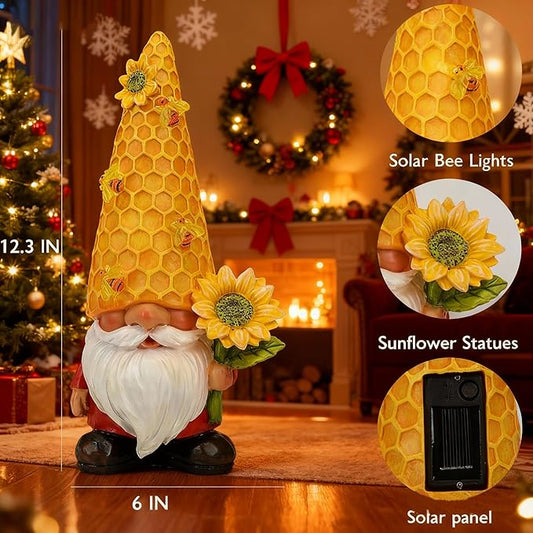 12.3''Garden Gnomes Outdoor Statues Clearance for Garden Decor with Solar Bee Lights,Christmas Decorations Gnomes Outside Decor - Sunflower Gift for Women Mom,Yard Art Ornament for Patio Lawn