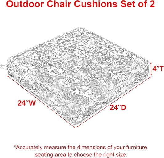 Favoyard Outdoor Chair Cushion 24 x 24 x 4 In Waterproof Pattern Fade Resistant Cushions for Patio Furniture with Removable Cover Attach Straps 28D Foam Insert Cushions Pads for Seat Sofa Couch 2 Pack