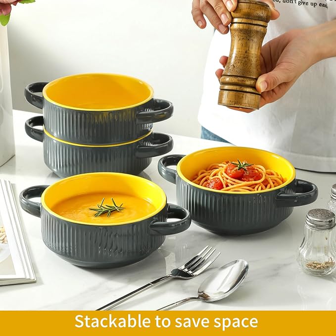 Soup Bowls with Handles, 23 oz French Onion Soup Crocks, Stackable Soup Bowl Oven Safe for Chili, Beef Stew, Embossment Ceramic Bowl Set - 5.4 Inch, Set of 4,Yellow Gray
