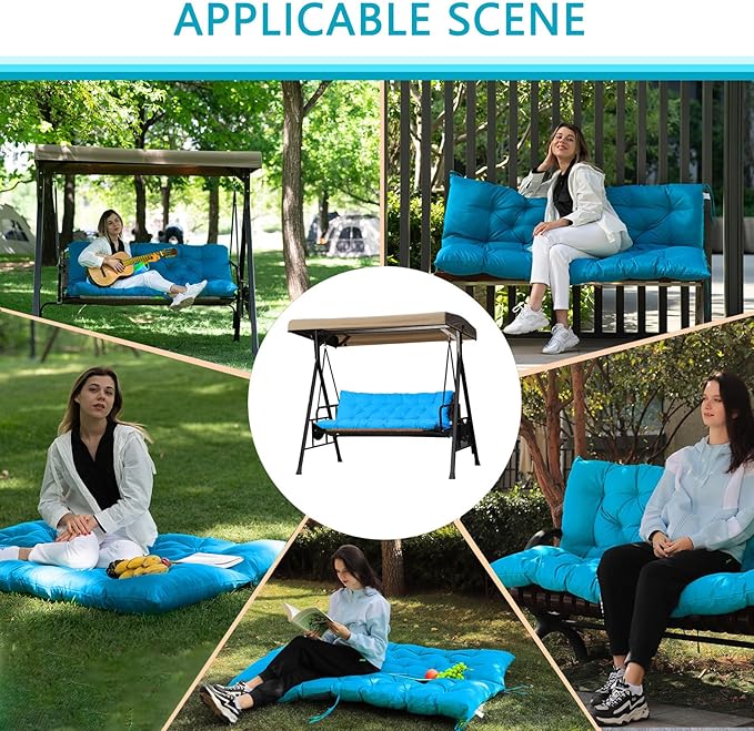 Porch Swing Cushions,Outdoor Cushions 3 Seater Replacement with Backrest, Waterproof Thickened Bench Cushion with Ties for Porch, Patio,Outdoor, Backyard and Garden (Sky Blue 60 * 40 in)