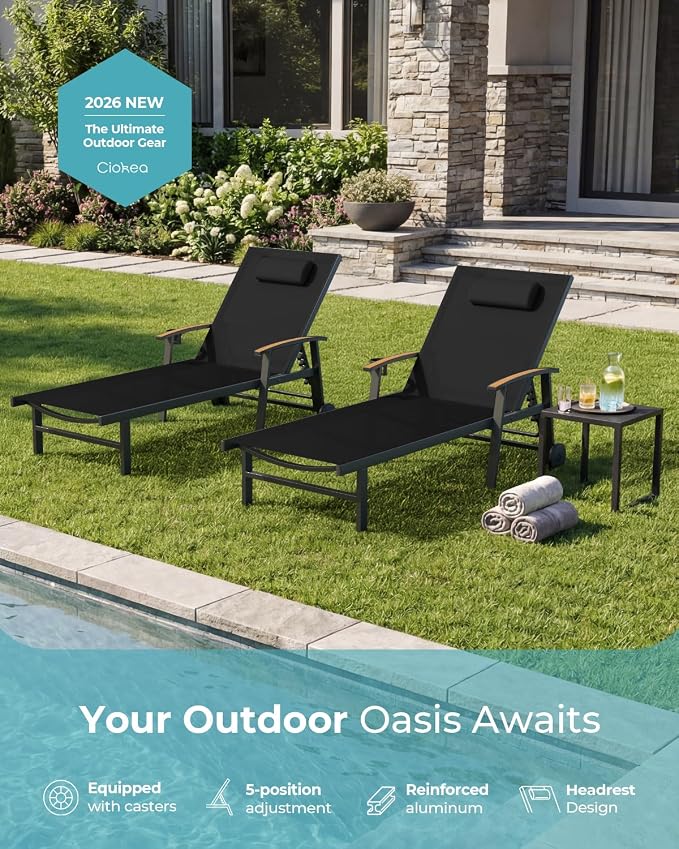 Ciokea Outdoor Lounge Chair with Pillow, 5-Position Aluminum Chaise Lounge with Wheels & Armrests, 400 lbs Heavy Duty Patio Pool Chair for Backyard, Deck, Beach & Poolside (Black)
